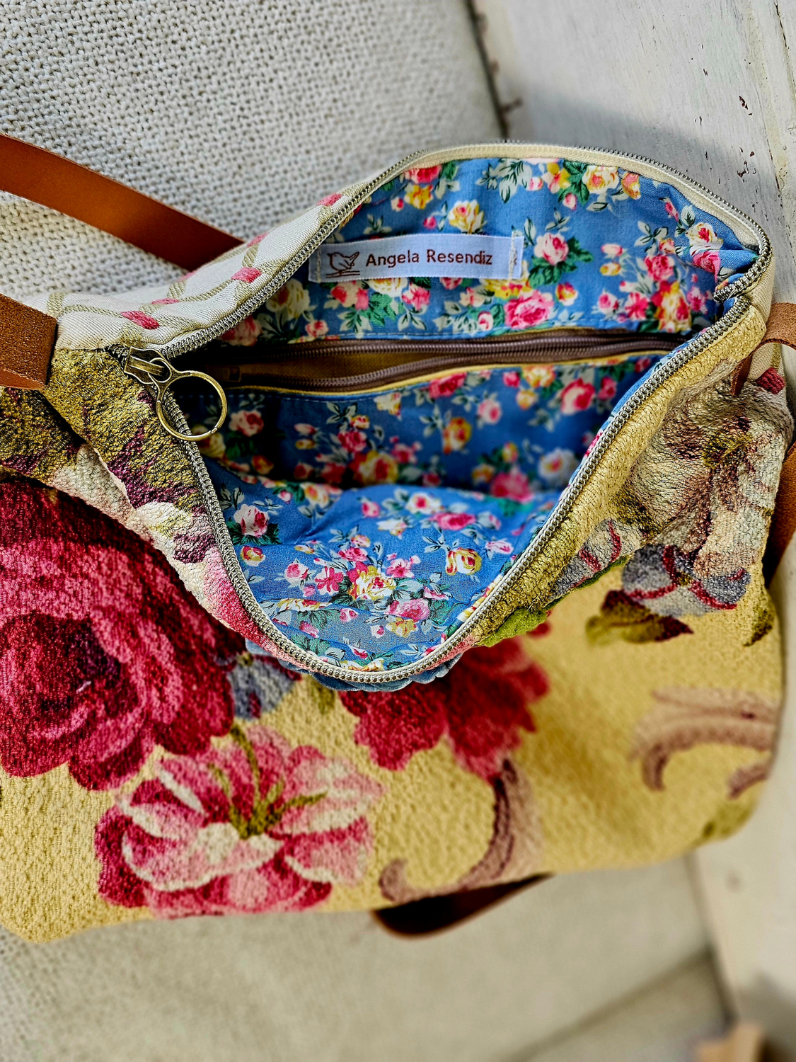 Red Floral barkcloth Bag