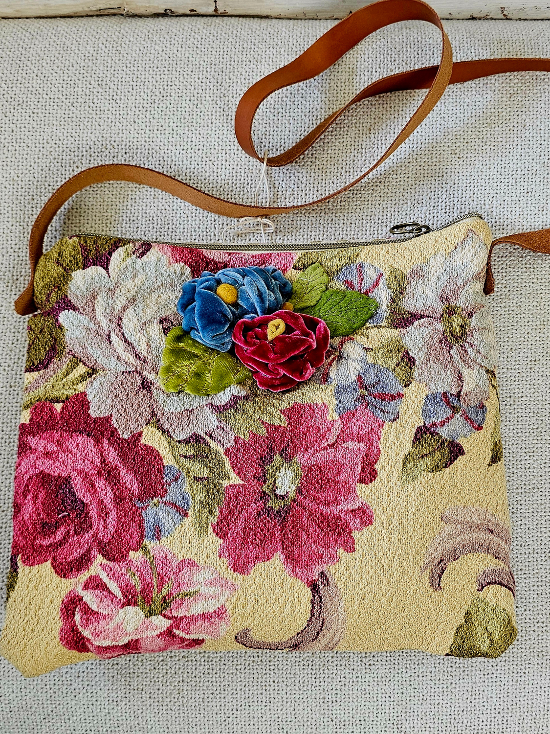 Red Floral barkcloth Bag