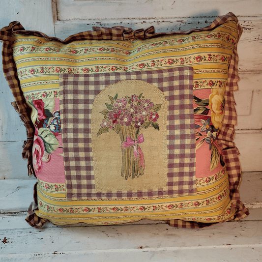 18x18" hand painted patchwork pillow in Lavender & yellow